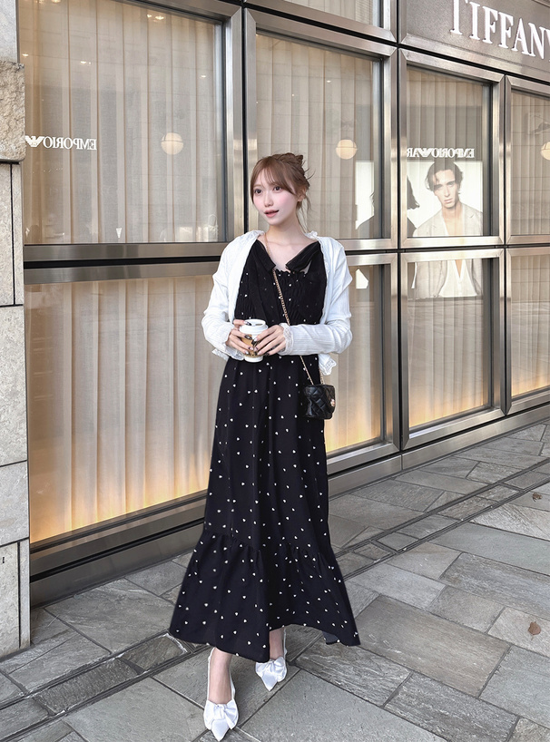 リボンショルダーハート柄フレアワンピース[fo2127