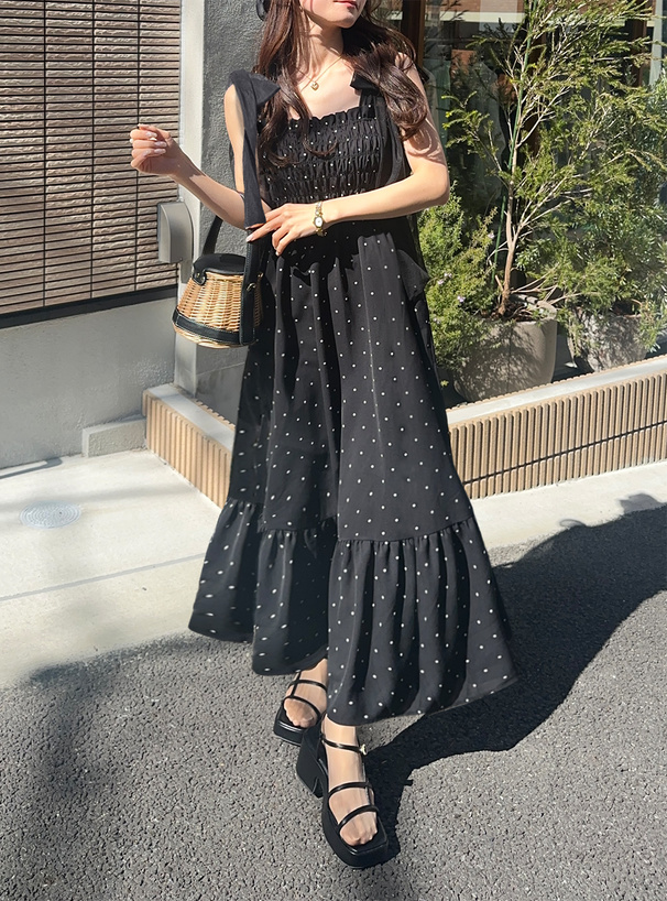 リボンショルダードット柄ティアードワンピース[fo2128
