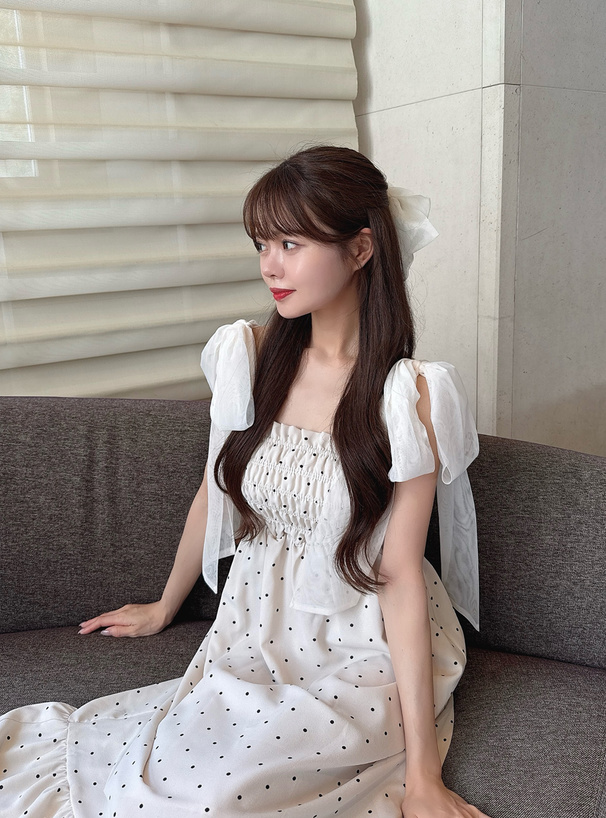 リボンショルダードット柄ティアードワンピース[fo2128