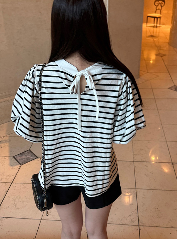 ボーダー柄バックリボンパフスリーブTシャツ