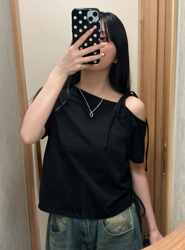 リボンワンショルダードロストTシャツ