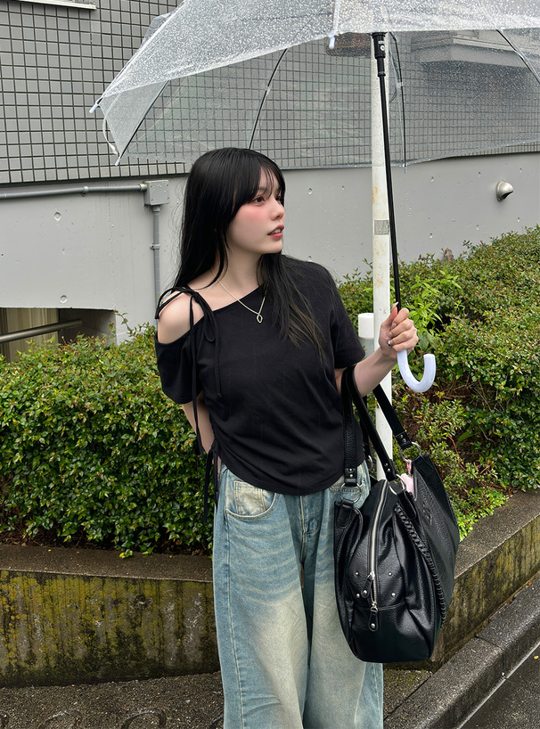 リボンワンショルダードロストTシャツ