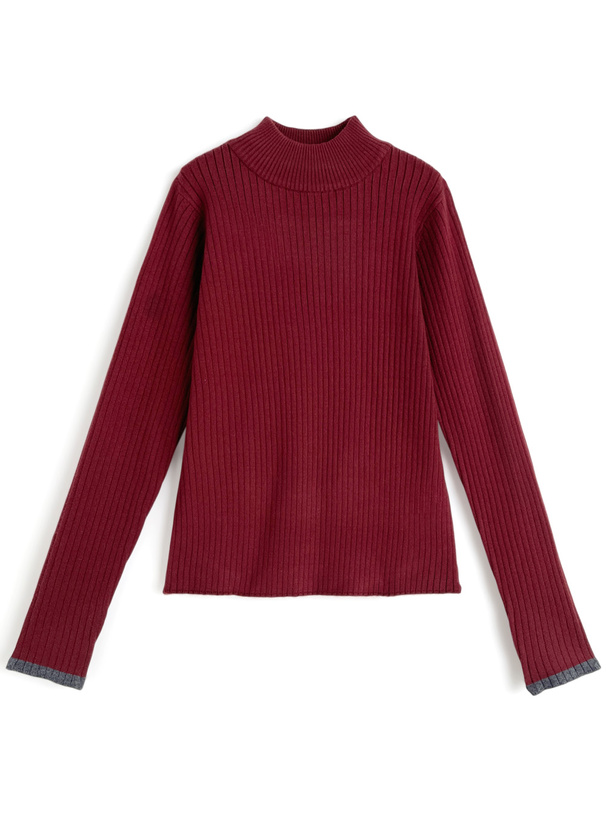 ボトルネック配色リブニットトップス