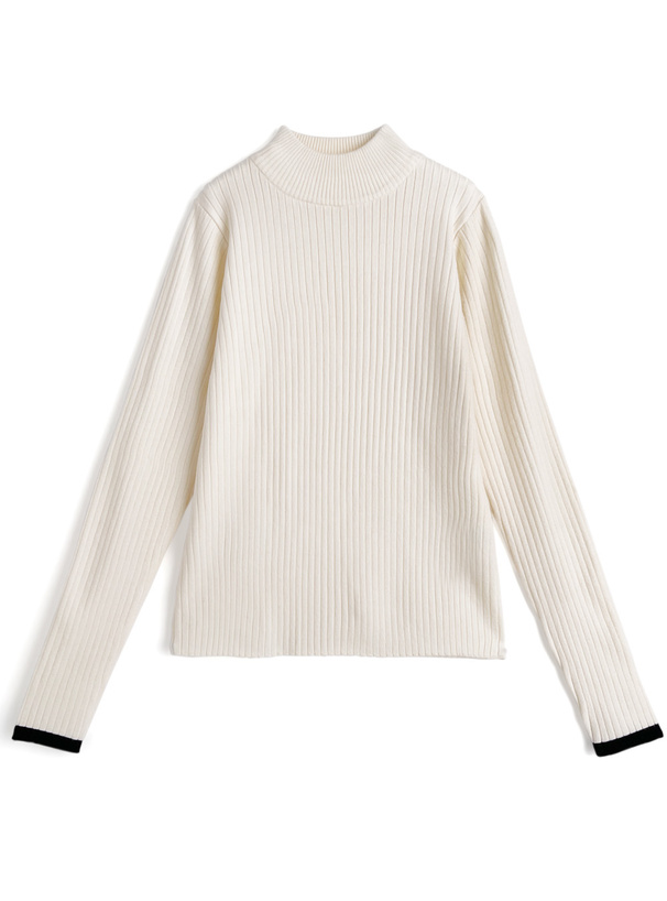 ボトルネック配色リブニットトップス