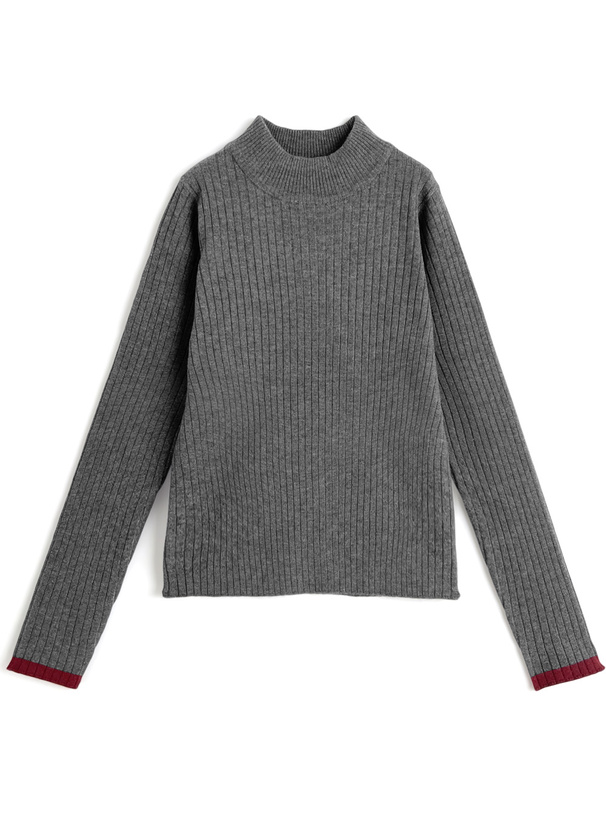 ボトルネック配色リブニットトップス