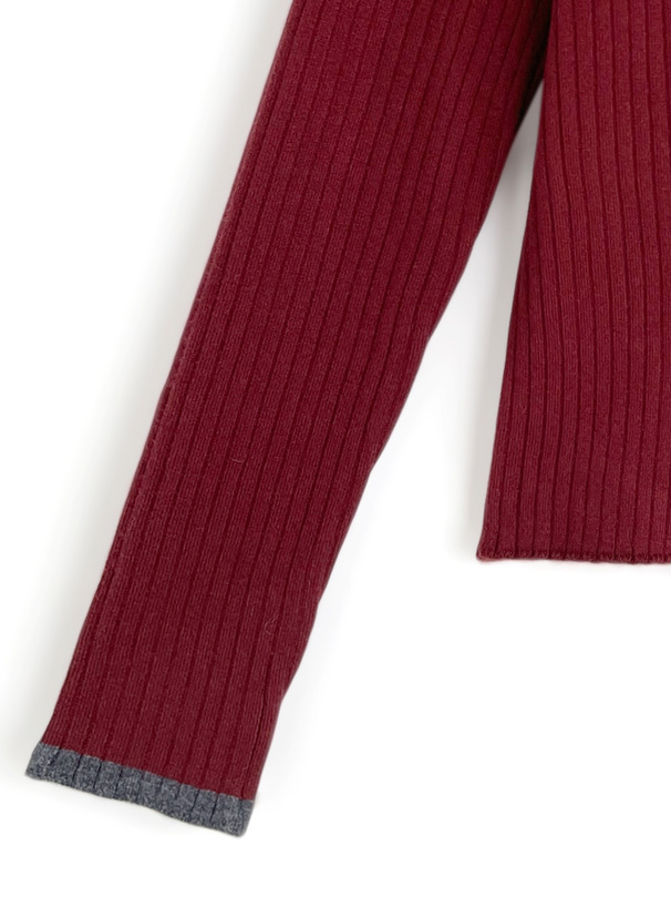 ボトルネック配色リブニットトップス