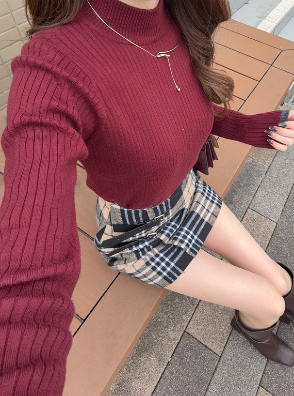 ボトルネック配色リブニットトップス