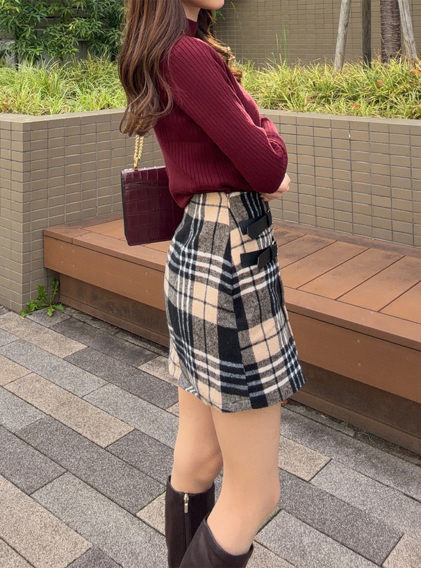 ボトルネック配色リブニットトップス