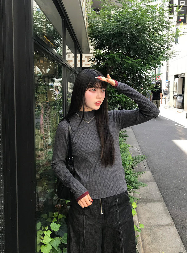 ボトルネック配色リブニットトップス