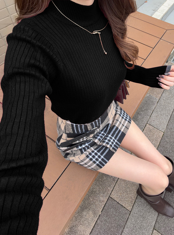 ボトルネック配色リブニットトップス