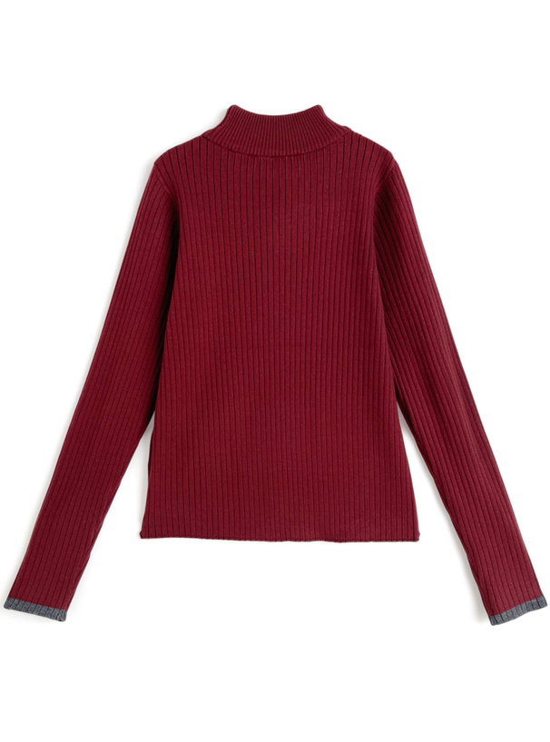 ボトルネック配色リブニットトップス