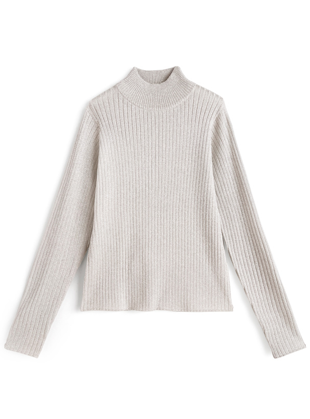 ボトルネックラメリブニットトップス