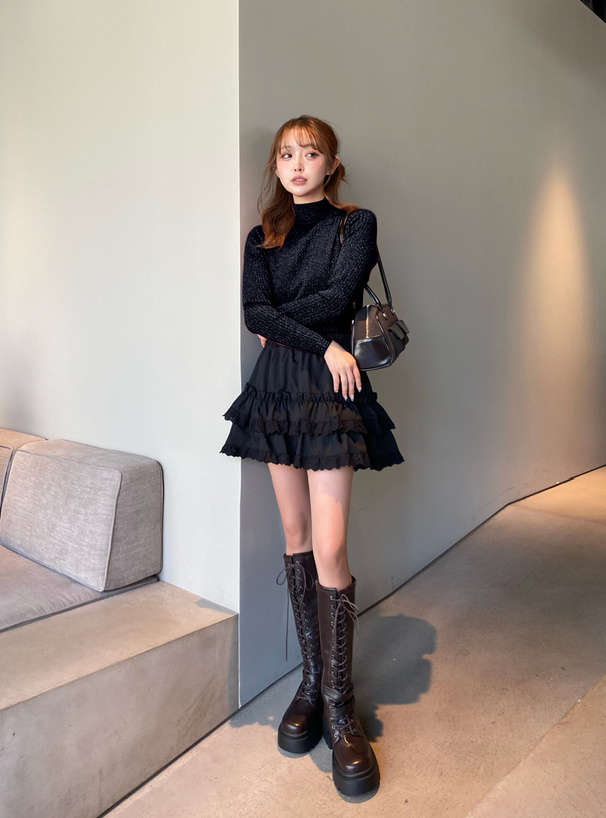 ボトルネックラメリブニットトップス