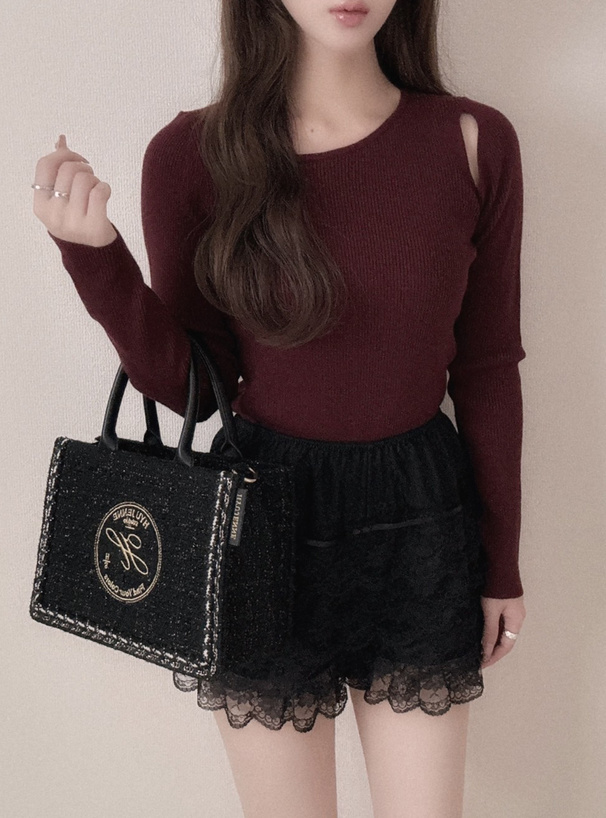 アシンメトリーネックスリットニットトップス[fo2163