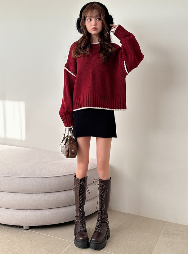 配色ローゲージニットトップス