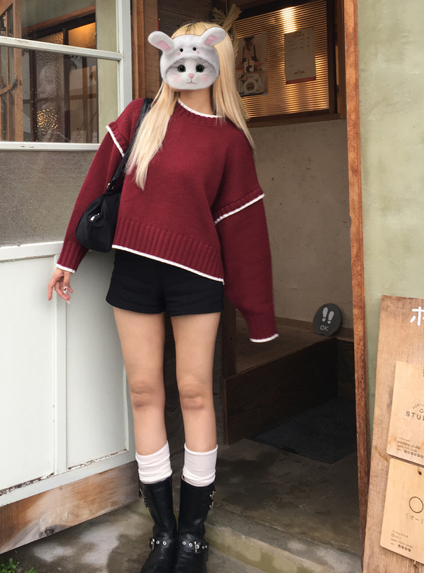 配色ローゲージニットトップス