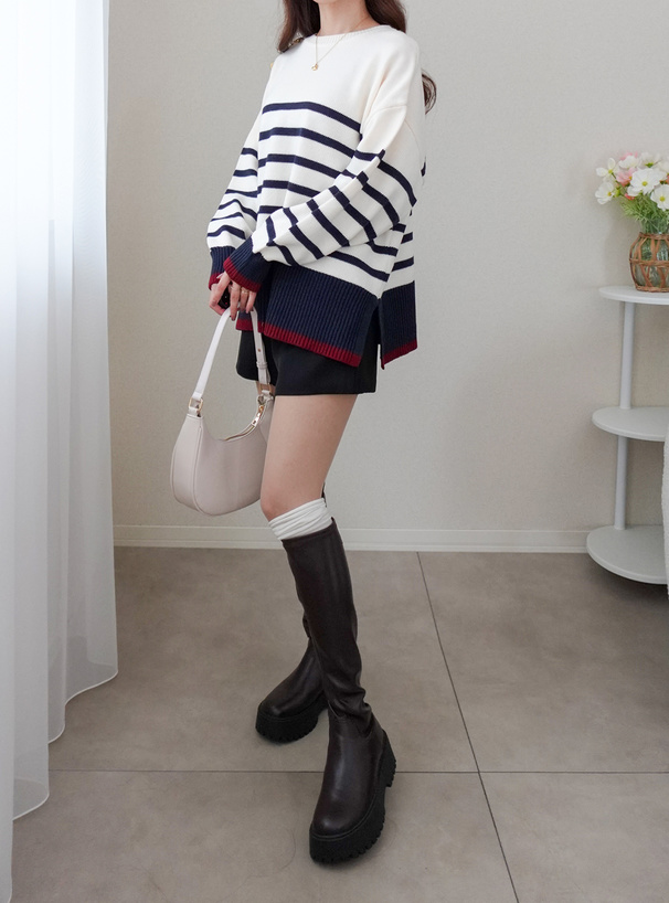 ボーダー柄配色ニットトップス