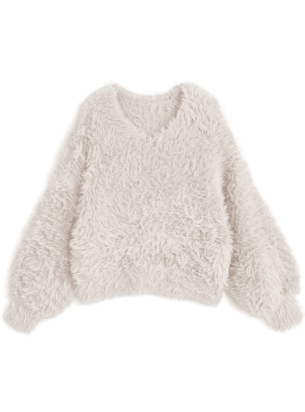 Vネックシャギーニットトップス