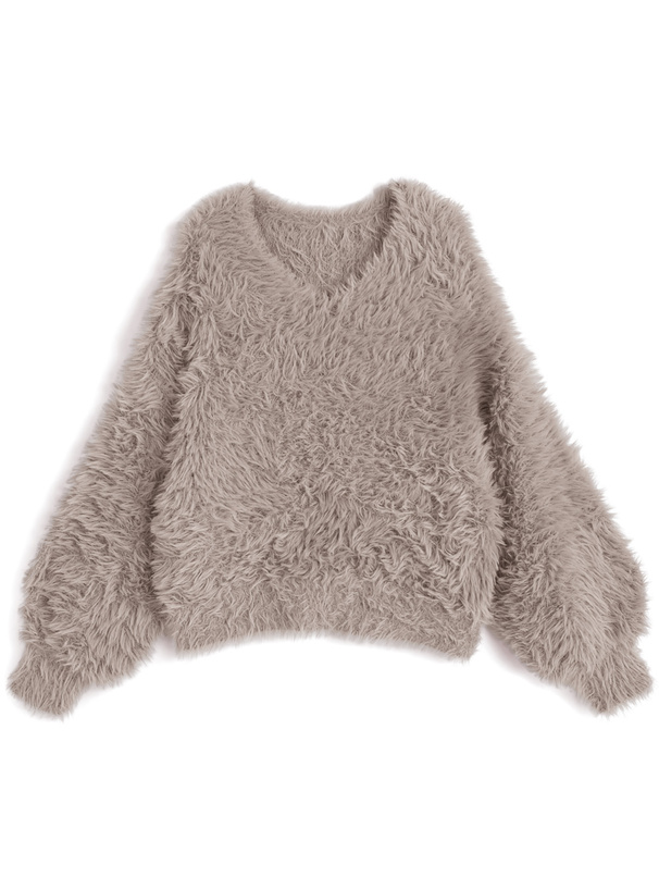 Vネックシャギーニットトップス