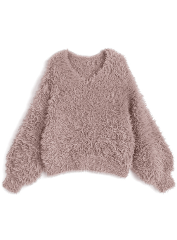 Vネックシャギーニットトップス