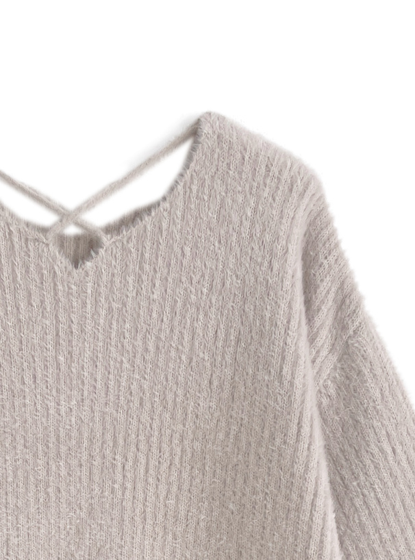 クロスネックシャギーニットトップス