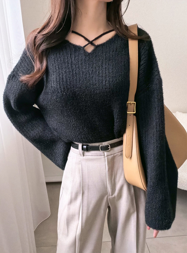 クロスネックシャギーニットトップス[fo2175] | レディース