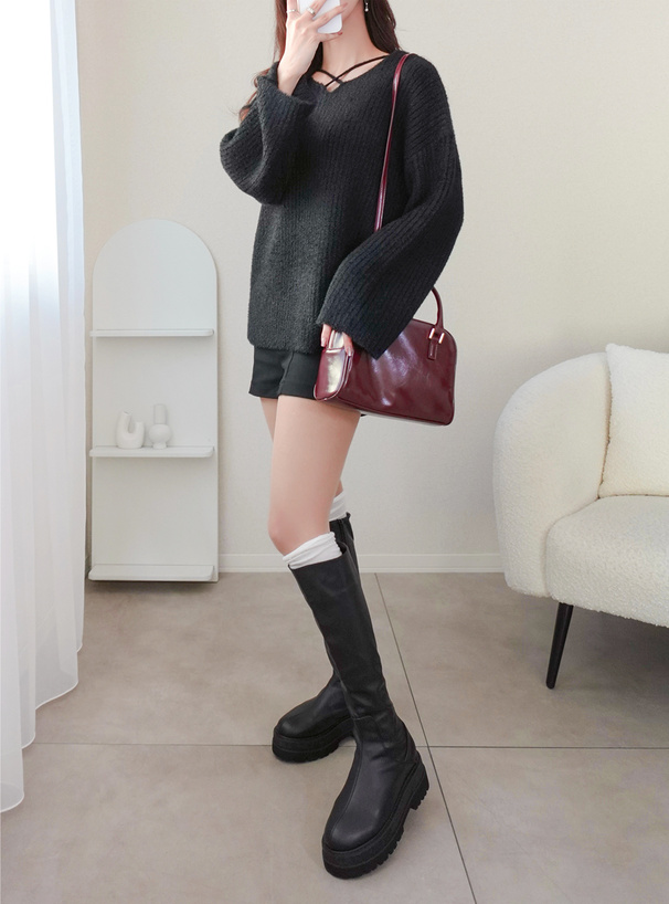 クロスネックシャギーニットトップス[fo2175] | レディース