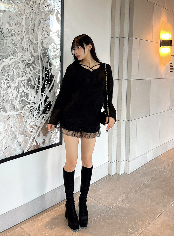 クロスネックシャギーニットトップス