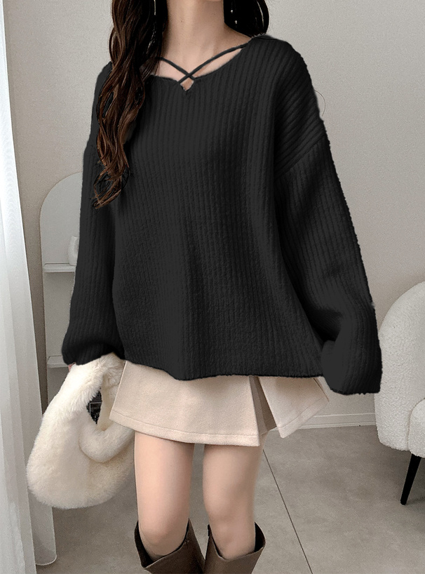 クロスネックシャギーニットトップス