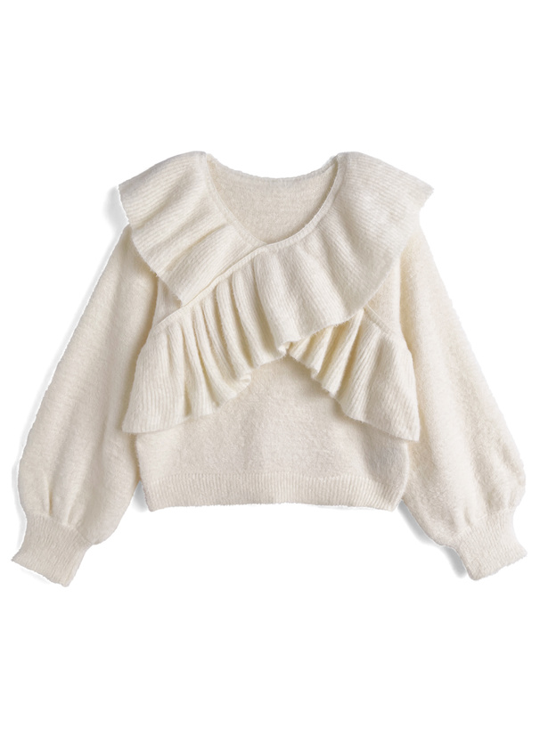 クロスフリルシャギーニットトップス