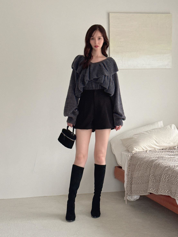 クロスフリルシャギーニットトップス