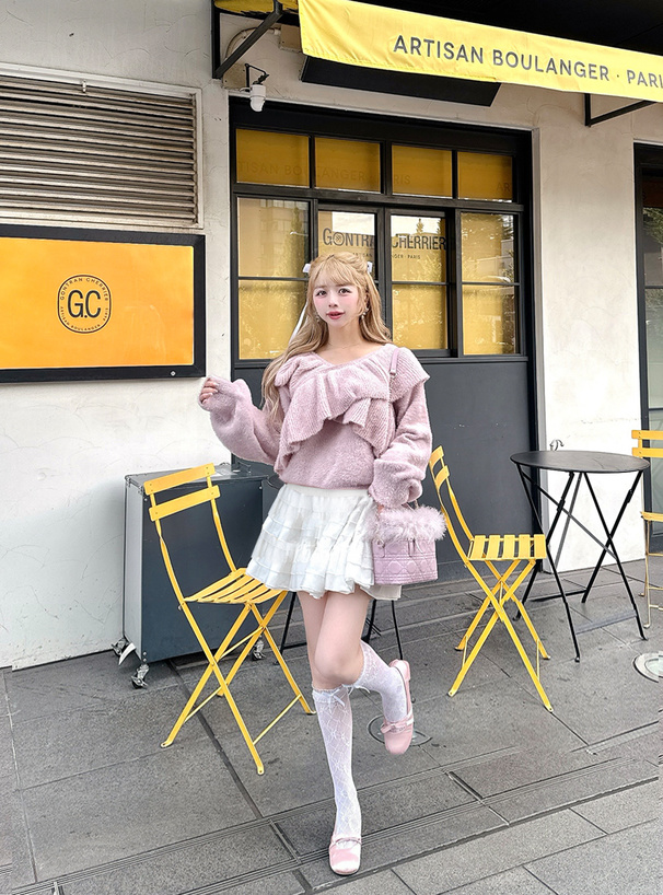 クロスフリルシャギーニットトップス