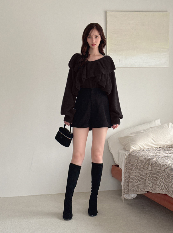 クロスフリルシャギーニットトップス