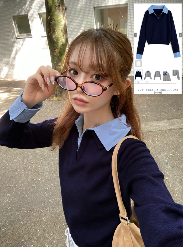 レイヤード風スキッパーポロニットトップス