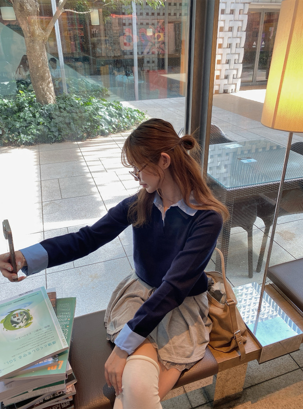 レイヤード風スキッパーポロニットトップス