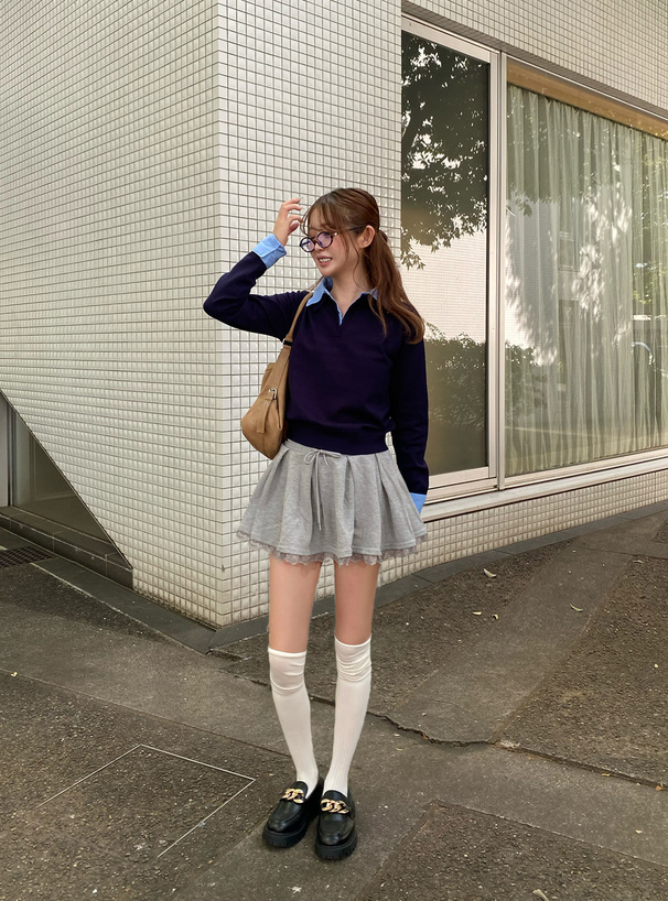 レイヤード風スキッパーポロニットトップス