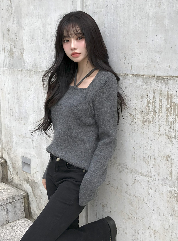 ホルターネックボレロレイヤード風ニットトップス