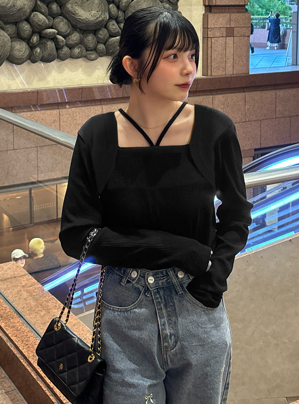 ホルターネックボレロレイヤード風ニットトップス