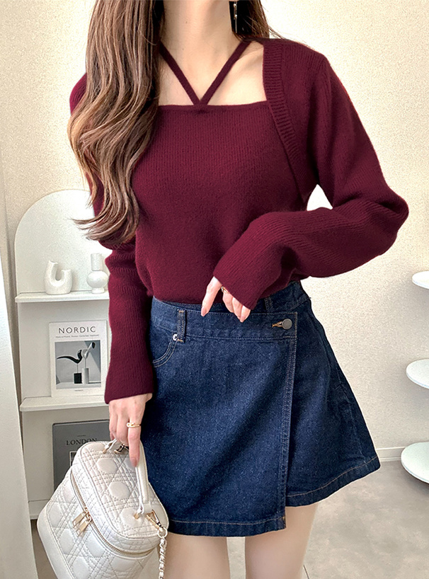 ホルターネックボレロレイヤード風ニットトップス