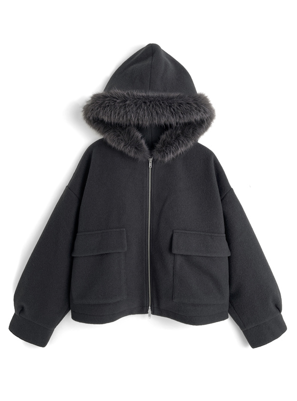 極美品★JIL SANDER★ウールフードブルゾン★一枚仕立て★ ファーフードダブルジップフェイクウールブルゾン[fo2207