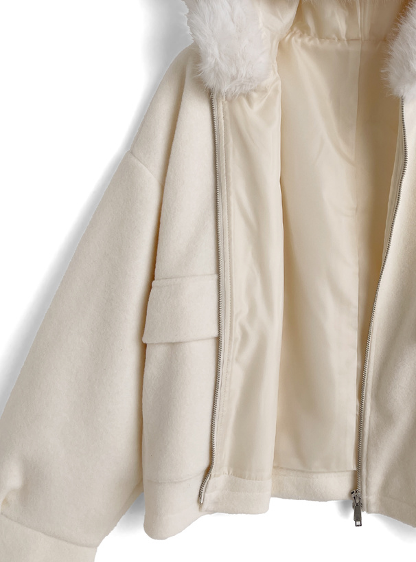 ファーフードダブルジップフェイクウールブルゾン