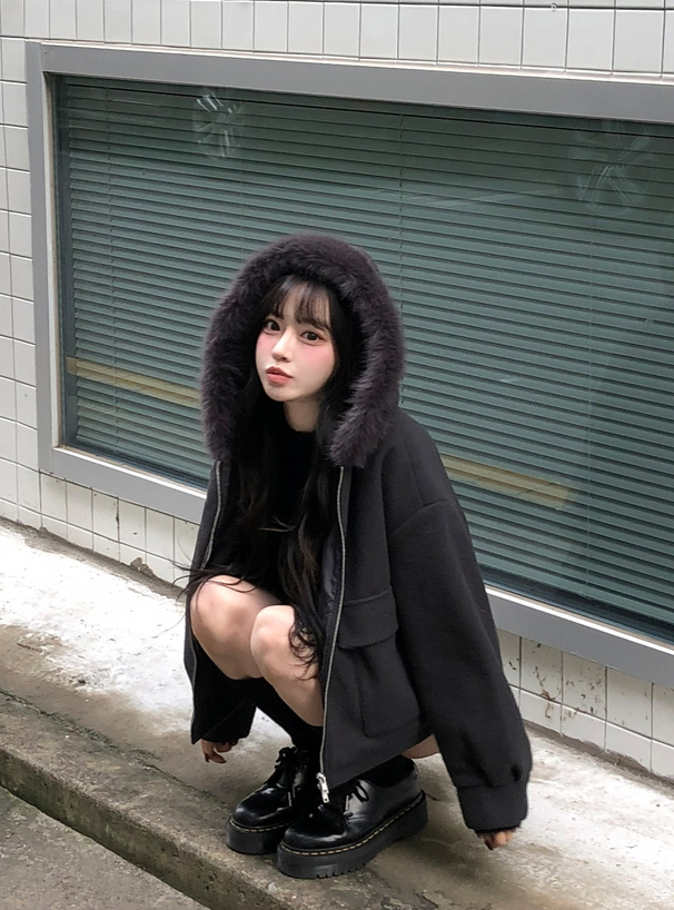 ファーフードダブルジップフェイクウールブルゾン[fo2207