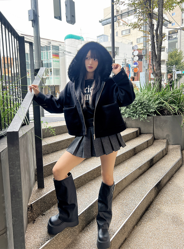 ファーフードダブルジップフェイクウールブルゾン[fo2207