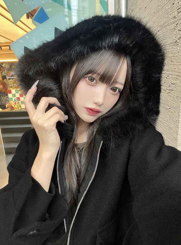 ファーフードダブルジップフェイクウールブルゾン[fo2207