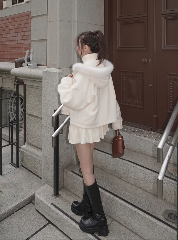 ファーフードダブルジップフェイクウールブルゾン