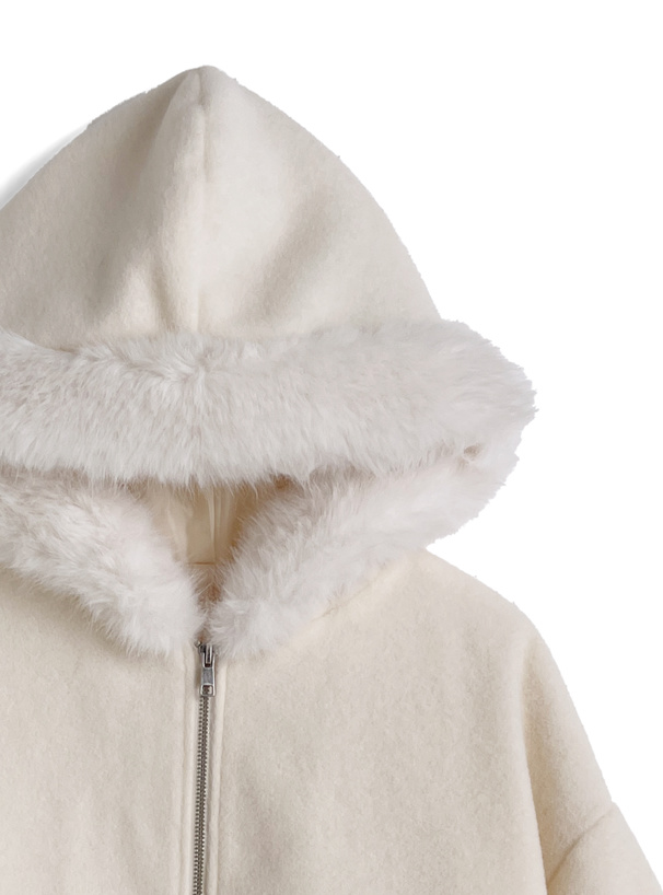 ファーフードダブルジップフェイクウールブルゾン