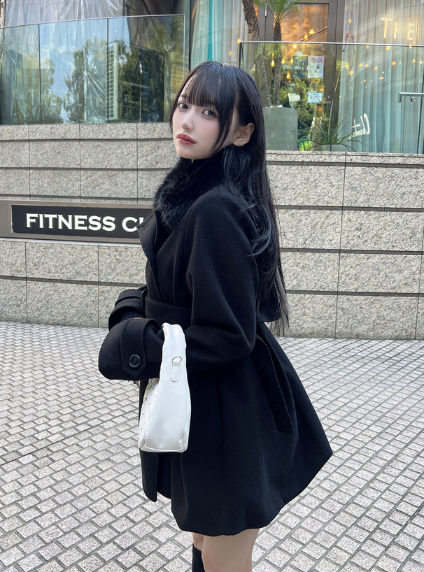 ファーティペット&ベルト付きバルーンミドルコート[fo2219