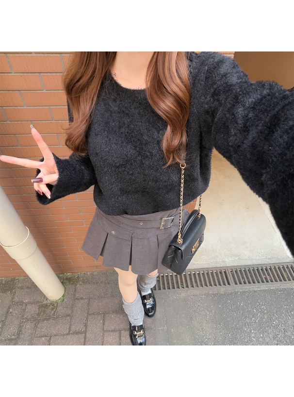 ラウンドネックシャギーニットトップス