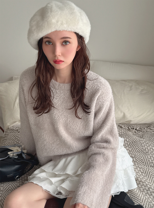 ラウンドネックシャギーニットトップス