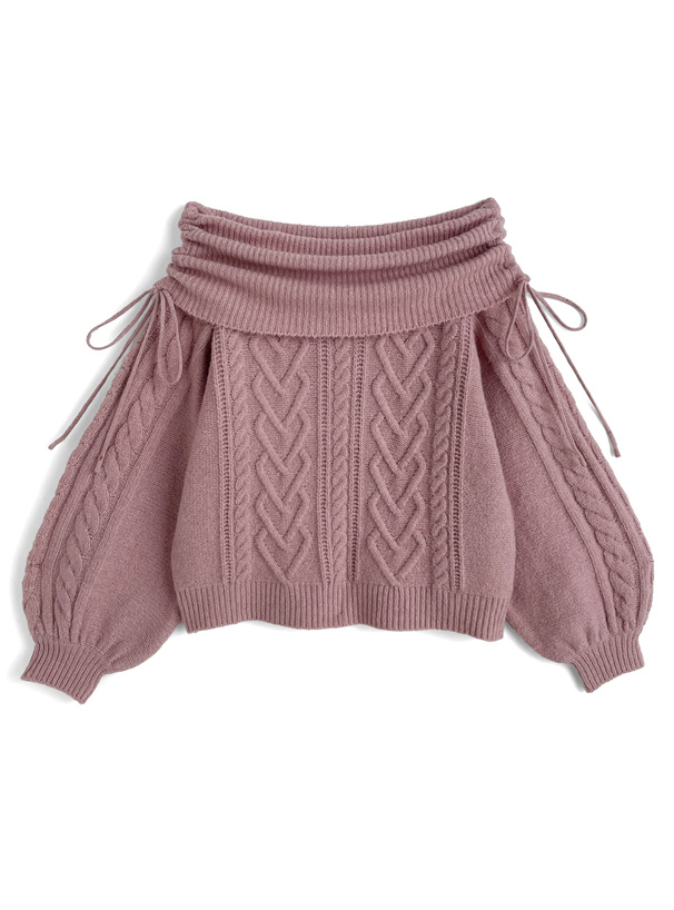 ハートケーブルドロストリボンオフショルダーニットトップス